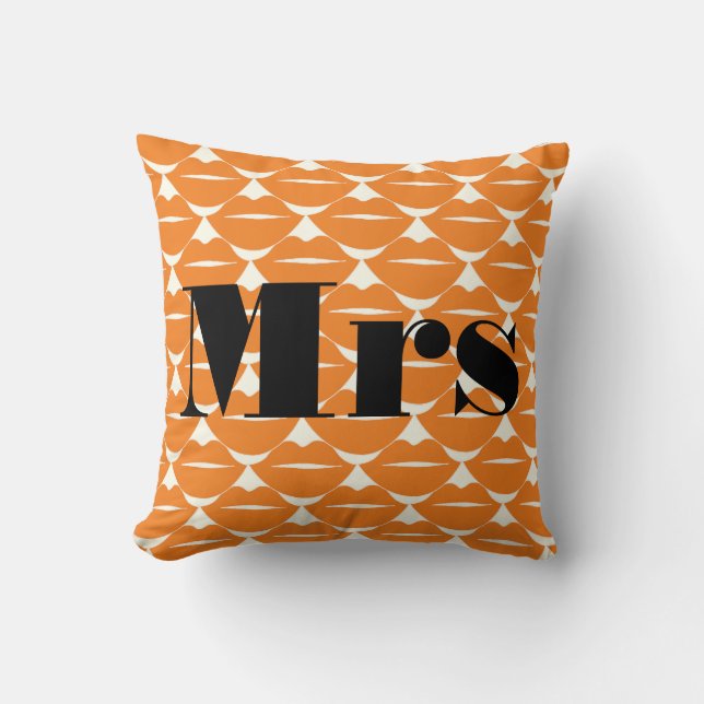 Bride Orange and Ivory Mrs Lips Pattern Throw Pillow (Front)