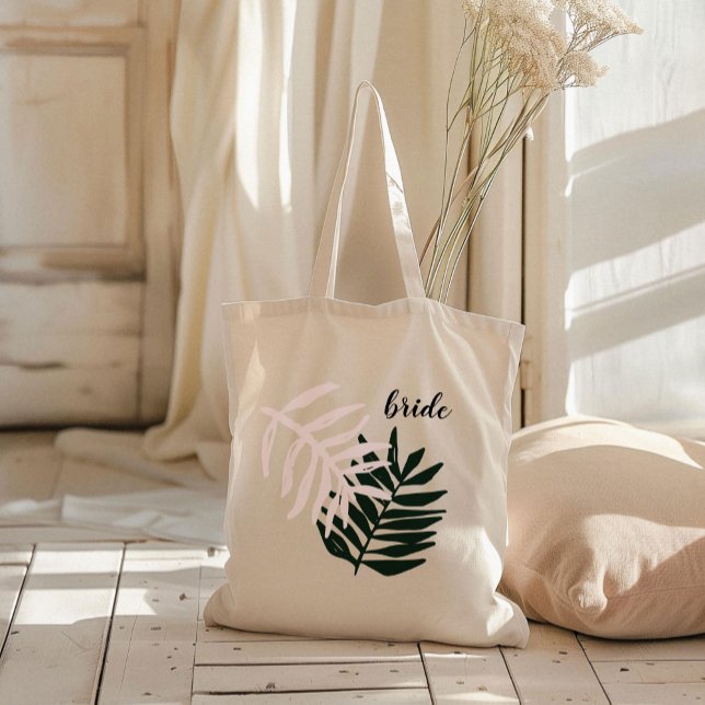 Bride | Palm Getaway Tote Bag (Pink and green palm leaves wedding bride or bridal party welcome tote bag.)