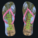 Bride Palm Trees Blue Sky Flip Flops<br><div class="desc">Cool Palm Trees with a Pretty Blue Sky in the background Unisex Flip Flops with Bride written in a nice green color text, and Date of Marriage in black text. PERSONALIZE with your Wedding DATE (or delete text). Feel the ocean breeze and tropics beneath your feet. Shown with Slim Pink...</div>