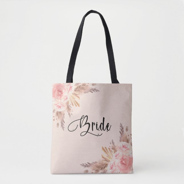Bride pampas grass blush rose gold floral script tote bag (Front)