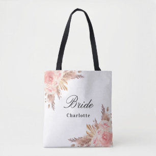 Bride pampas grass rose gold floral white name tote bag