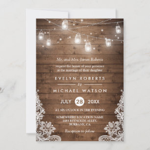 (Bride Parents) Mason Jars Lights Lace Wedding Invitation