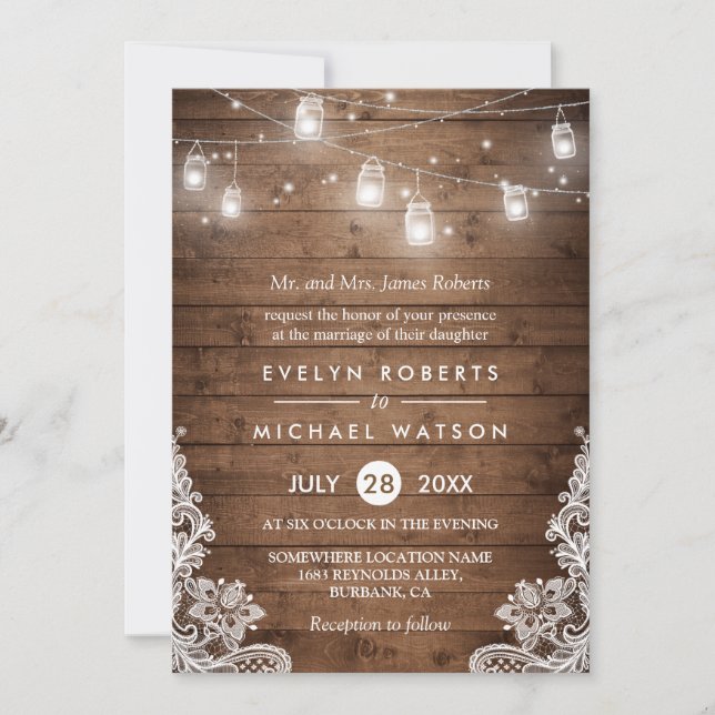 (Bride Parents) Mason Jars Lights Lace Wedding Invitation (Front)