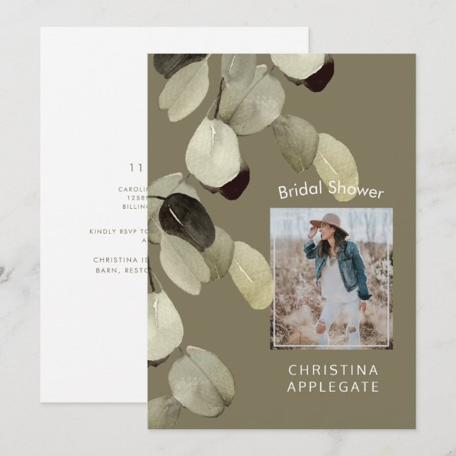 Bride Photo Eucalyptus Dark Khaki Bridal Shower Invitation (Front/Back)