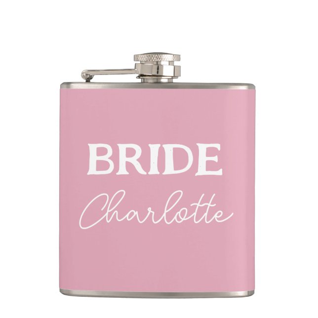 Bride Pink And White Personalized Name Flask (Front)