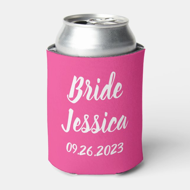 Bride Pink Elegant Script Gifts Stylish Weddings Can Cooler (Can Front)