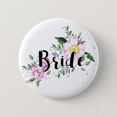 Bride Pink Floral Watercolor Wedding Bridal Shower Button