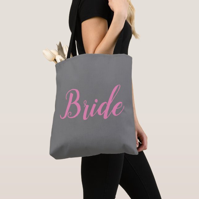 Bride Pink Gray Typography Elegant Wedding Tote Bag (Close Up)
