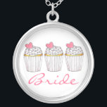 Bride Pink Heart Cupcake Cupcakes Bridal Necklace<br><div class="desc">Necklace features an original marker illustration of a row of frosted vanilla cupcakes with pink hearts,  and BRIDE in a fun font. A perfect gift for the bride!</div>