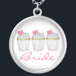 Bride Pink Heart Cupcake Cupcakes Bridal Necklace<br><div class="desc">Necklace features an original marker illustration of a row of frosted vanilla cupcakes with pink hearts,  and BRIDE in a fun font. A perfect gift for the bride!</div>