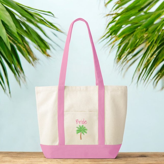 Bride Pink Palm Tree Honeymoon Preppy Tote Bag (Creator Uploaded)