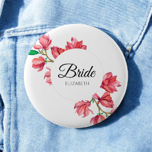 Bride Pink White Floral Magnolia Wedding Button