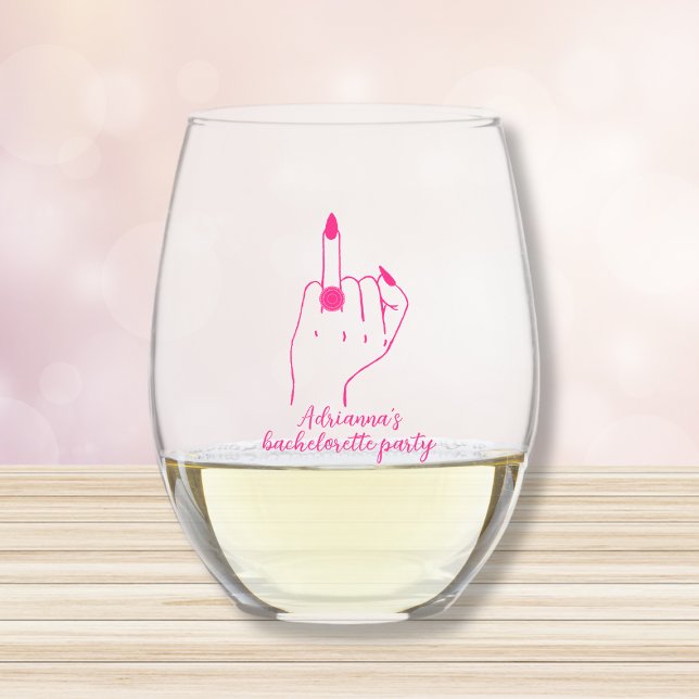 Bride Ring Finger Pink Funny Bachelorette  Stemless Wine Glass (ring finger funny bachelorette party favor wine glass pink)