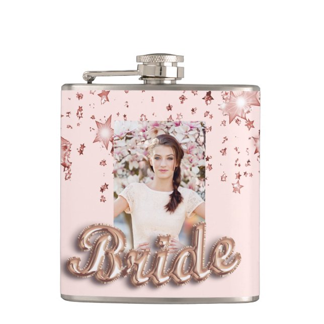 Bride rose gold blush stars photo glamorous flask (Front)