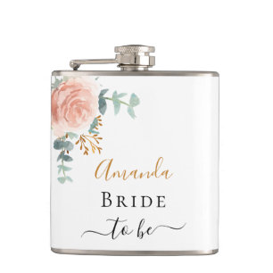 Bride rose gold floral eucalyptus bachelorette flask