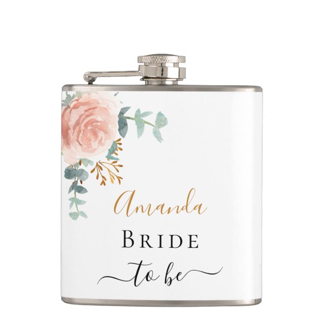 Bride rose gold floral eucalyptus bachelorette flask (Front)