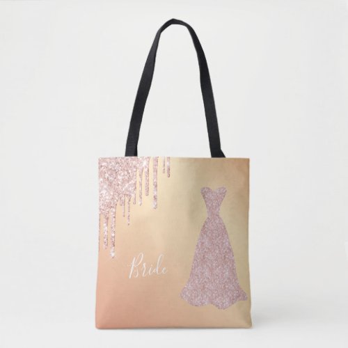 Bride rose gold glitter drips glam dress golden tote bag