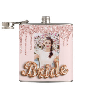 Bride rose gold glitter drips photo bachelorette flask