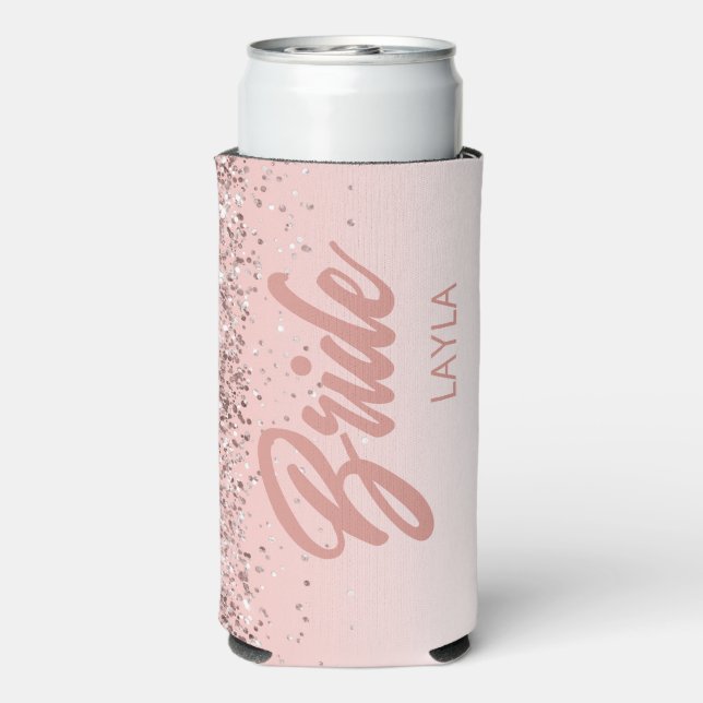 Bride Rose Gold Glitter Script Personalized Name Seltzer Can Cooler (Seltzer Back)