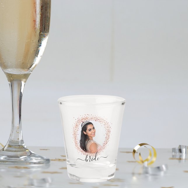 Bride rose gold photo glitter name script shot glass (Creator Uploaded)