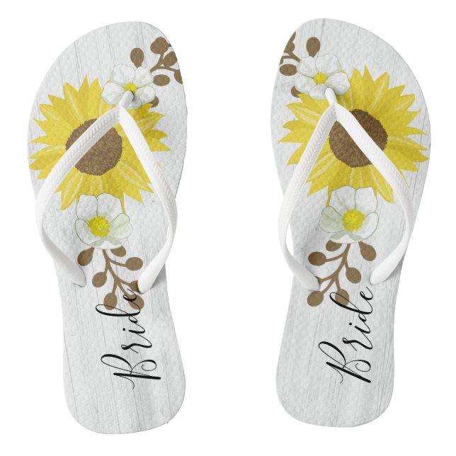 Bride Rustic Wood Sunflower Flowers Flip Flops (Footbed)