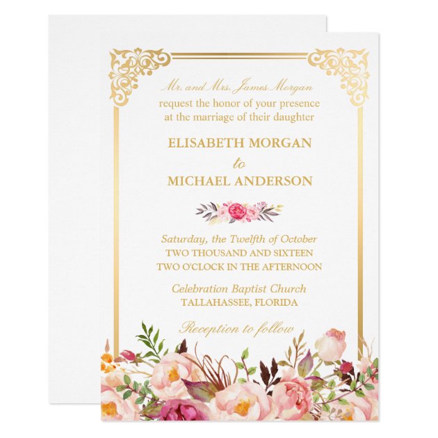 Brideâ€™s Parents Vintage Gold Frame Floral Wedding Invitation