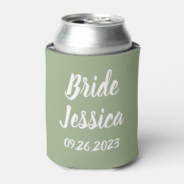 Bride Sage Green Elegant Script Gifts Weddings Can Cooler (Can Front)