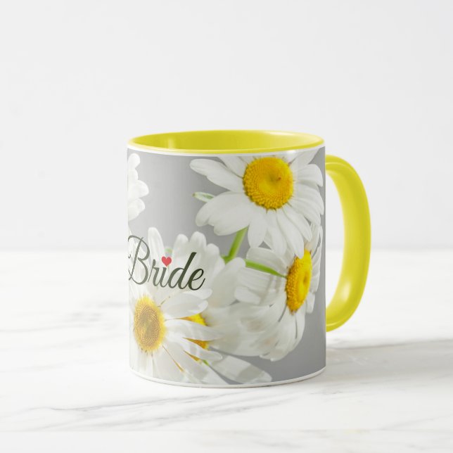 "Bride" Script on White and Yellow Daisies Mug (Front Right)
