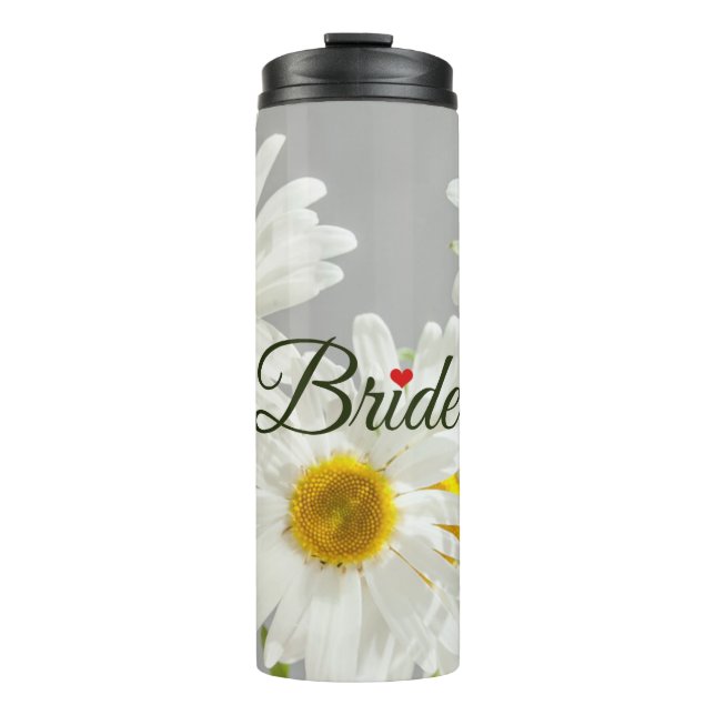 "Bride" Script on White and Yellow Daisies Thermal Tumbler (Front)