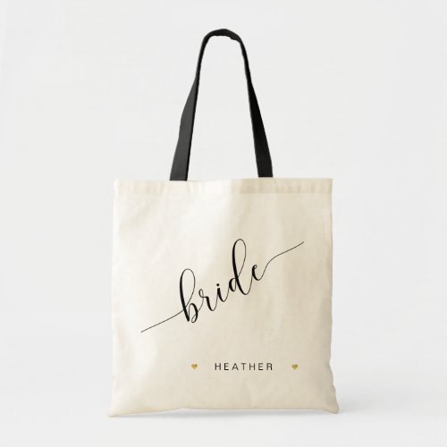 Bride Script Simple Modern Bridal Party Gold Heart Tote Bag