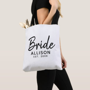Bride Script White Black Established Date Monogram Tote Bag