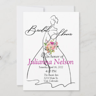 Bride silhouette and Pink floral bridal shower  Invitation