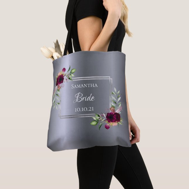 Bride silver burgundy flowers wedding tote bag (Close Up)