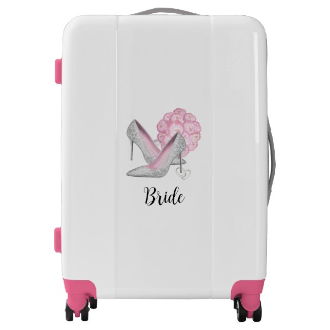 Bride Silver Shoes Pink Roses Wedding Luggage (Front)