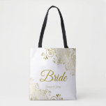 Bride Simple Elegant Wedding Tote Bag White Gold<br><div class="desc">These Bride tote bags are designed to coordinate with our Gold Foil Elegant Wedding Suite and is fully customizable. Simple design includes gold script text with a floral border over a white background. All text is customizable. Great memento of your special day!</div>