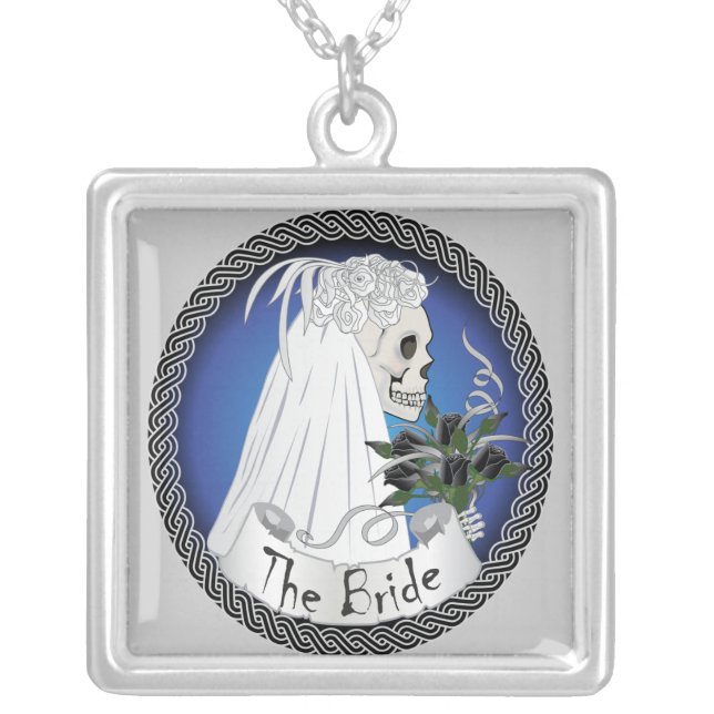 Bride Skull - Blue Silver Plated Necklace (Front)
