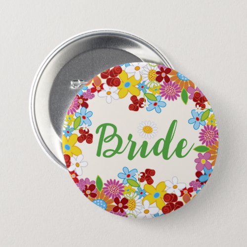 BRIDE Spring Flowers Garden Chic Wedding Name Tag Pinback Button