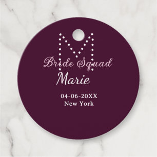 Bride squad add name monogram bridesmaid mauve favor tags