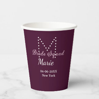 Bride squad add name monogram bridesmaid mauve paper cups