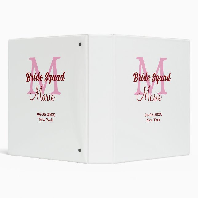 Bride squad add name monogram bridesmaid pink date 3 ring binder (Background)