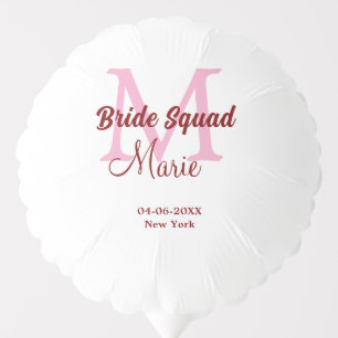 Bride squad add name monogram bridesmaid pink date balloon