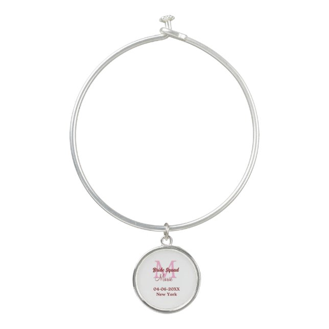 Bride squad add name monogram bridesmaid pink date bangle bracelet (Front)