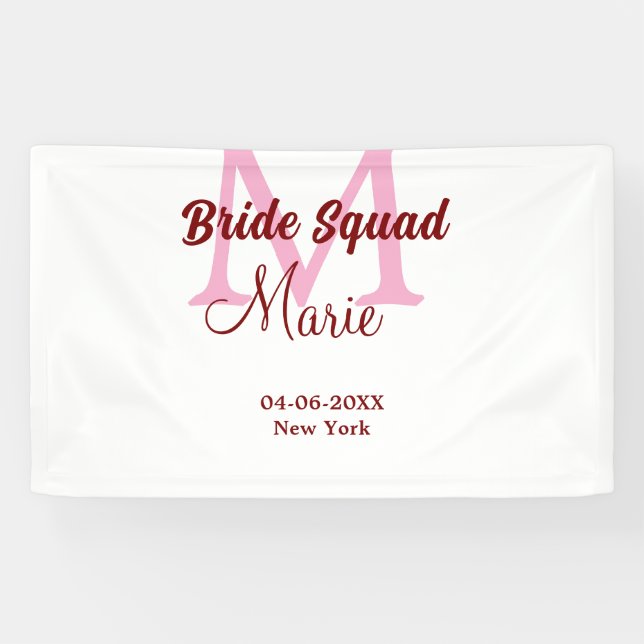 Bride squad add name monogram bridesmaid pink date banner (Horizontal)
