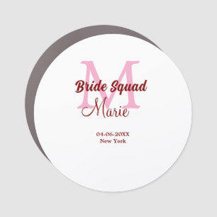 Bride squad add name monogram bridesmaid pink date car magnet