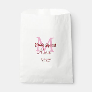Bride squad add name monogram bridesmaid pink date favor bag