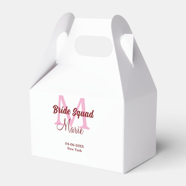 Bride squad add name monogram bridesmaid pink date favor boxes (Front Side)