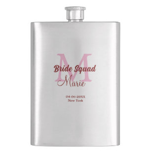 Bride squad add name monogram bridesmaid pink date flask