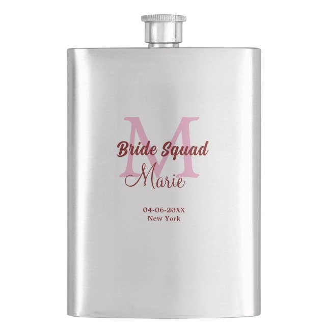 Bride squad add name monogram bridesmaid pink date flask (Front)