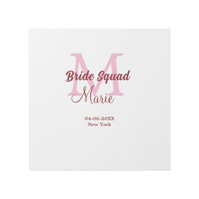 Bride squad add name monogram bridesmaid pink date gallery wrap (Front)