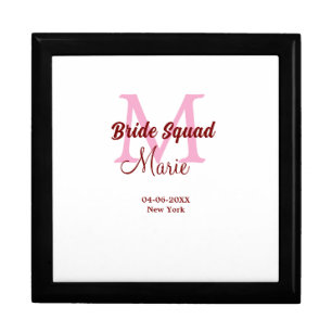 Bride squad add name monogram bridesmaid pink date gift box